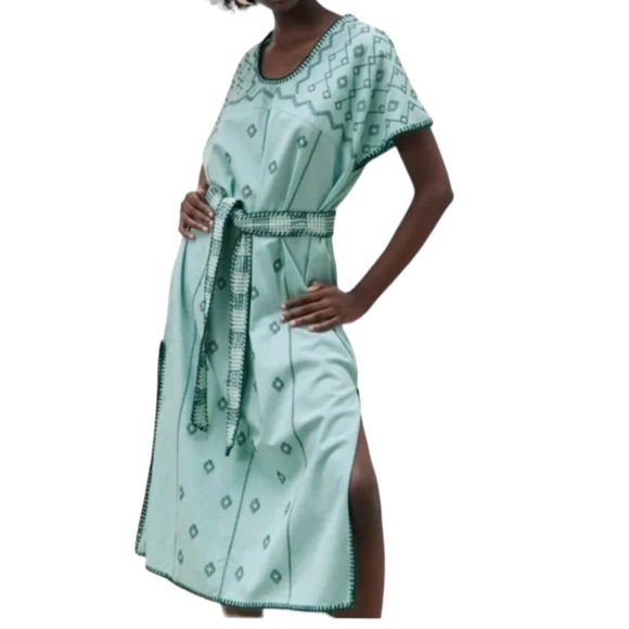 ZARA Green Embroidered Maxi Dress Short Sleeves Size Small